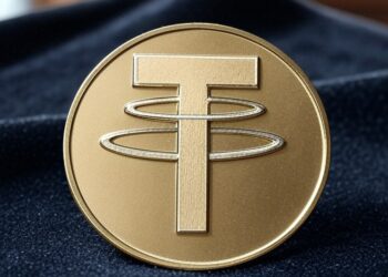 Una moneda dorada con el logo de la empresa Tether.