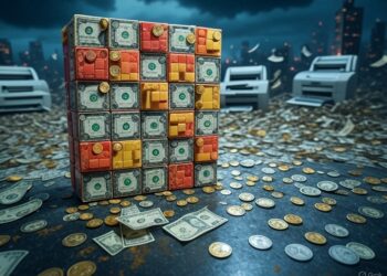 Imagen de un Tetris del mundo financiero, impresoras de dinero, monedas y billetes de dólar.
