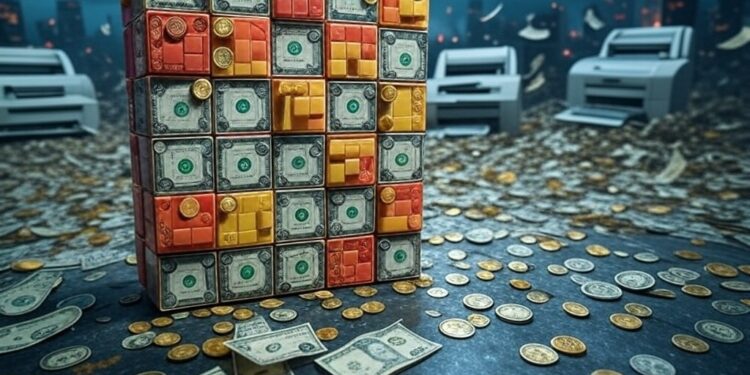 Imagen de un Tetris del mundo financiero, impresoras de dinero, monedas y billetes de dólar.