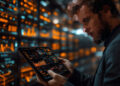 hombre on rostro distorsionado para no ejercer reconocimiento facil y kyc haciendo trading en tablet con graficos de precio y mercado en pantallas de fondo