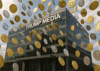 Edificio de Trump Media con criptomonedas físicas cayendo del cielo.