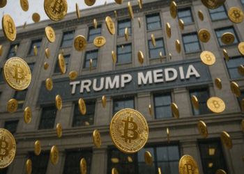 Lluvia de bitcoins arriba del edificio de Trump Media.
