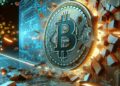 una moneda de bitcoin chocando con un muro de ladrillos.