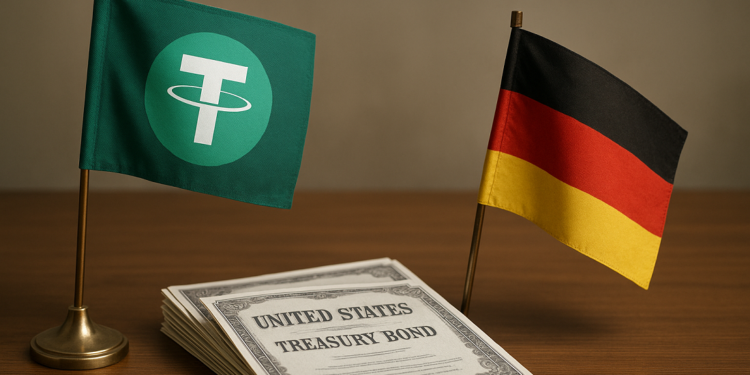 Banderas de USDT y de Alemania al lado de bonos del Tesoro estadounidense físicos, en papel.
