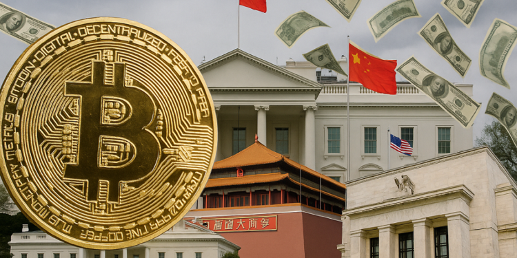 Collage con una moneda de bitcoin, la Casa Blanca, el gobierno de China, la Reserva Federal y billetes de dólar cayendo, representando tensiones económicas globales.