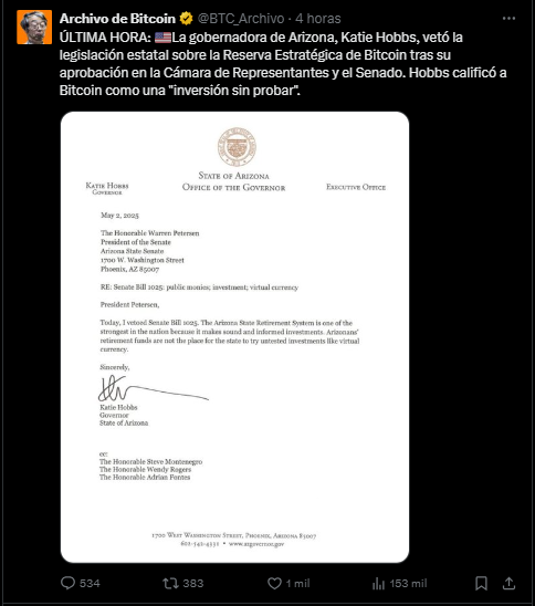 El comunicado con el que la gobernadora Hobbs vetó el proyecto de ley Bitcoin de Arizona.