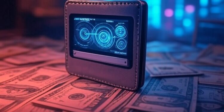 Una wallet digital junto a billeteres de USD.