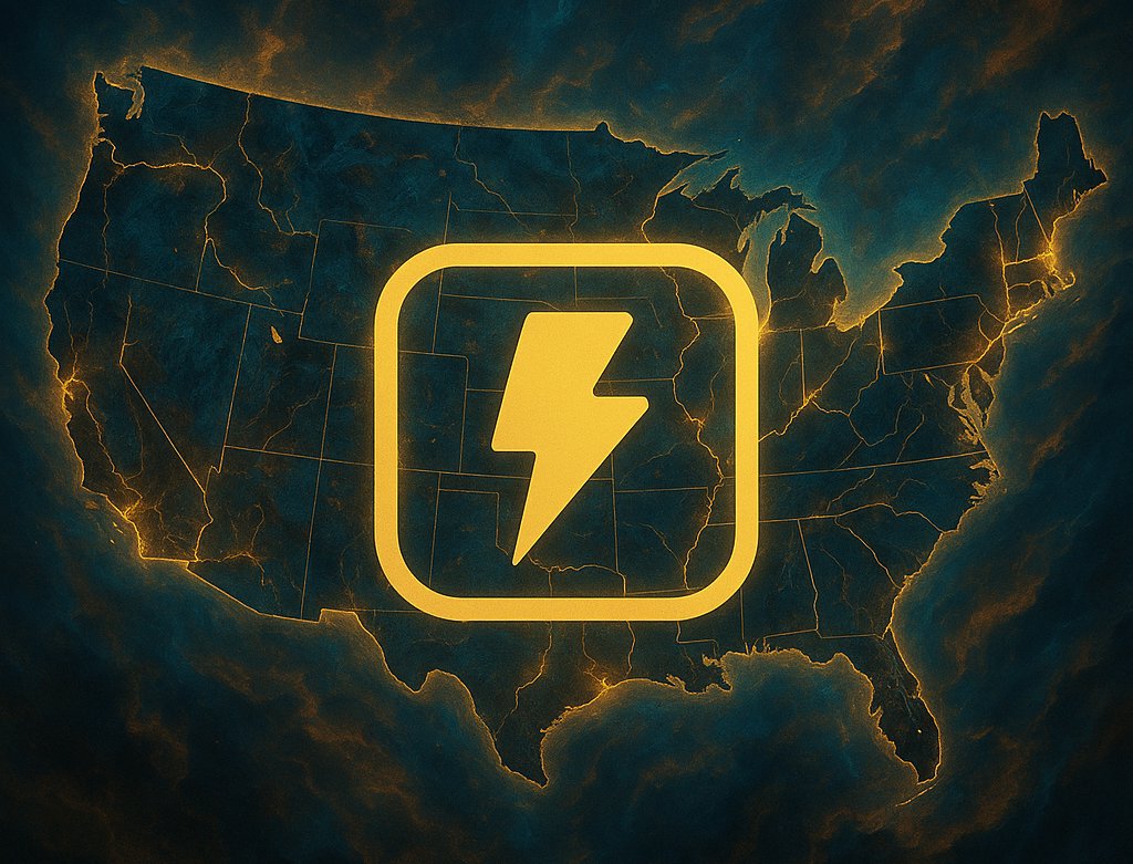 Logo de Lightning en un mapa de norteamerica: Wallet of Satoshi.