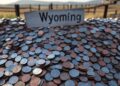 Imagen de IA Grok de monedas alrededor de un letrero de Wyoming.