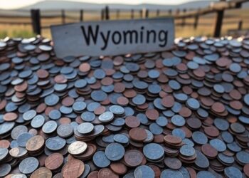 Imagen de IA Grok de monedas alrededor de un letrero de Wyoming.