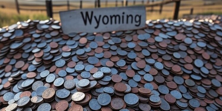 Imagen de IA Grok de monedas alrededor de un letrero de Wyoming.