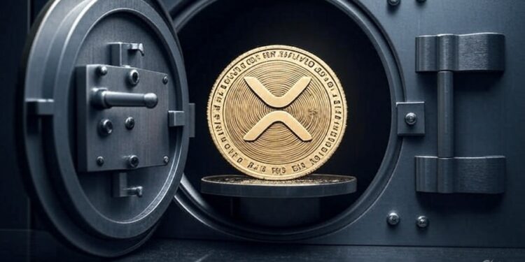 Una moneda dorada de XRP dentro de una bóveda.