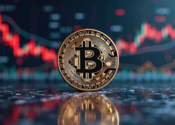 Una moneda de bitcoin con un gráfico bursátil de fondo.
