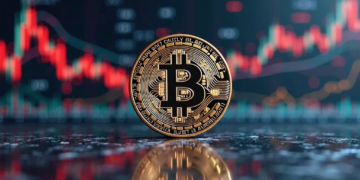 Una moneda de bitcoin con un gráfico bursátil de fondo.