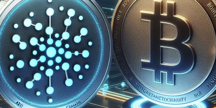 Una moneda de BTC junto a una de ADA.