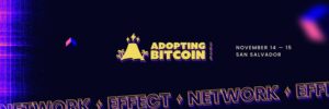 Imagen promocional de Adopting Bitcoin 2025, con un fondo oscuro y diseño futurista. Destaca el logo con un volcán y palmeras, el texto "Adopting Bitcoin" en amarillo y neón, y las fechas "14-15 de noviembre" en San Salvador, junto a palabras como "Network" y "Effect" en colores vibrantes.