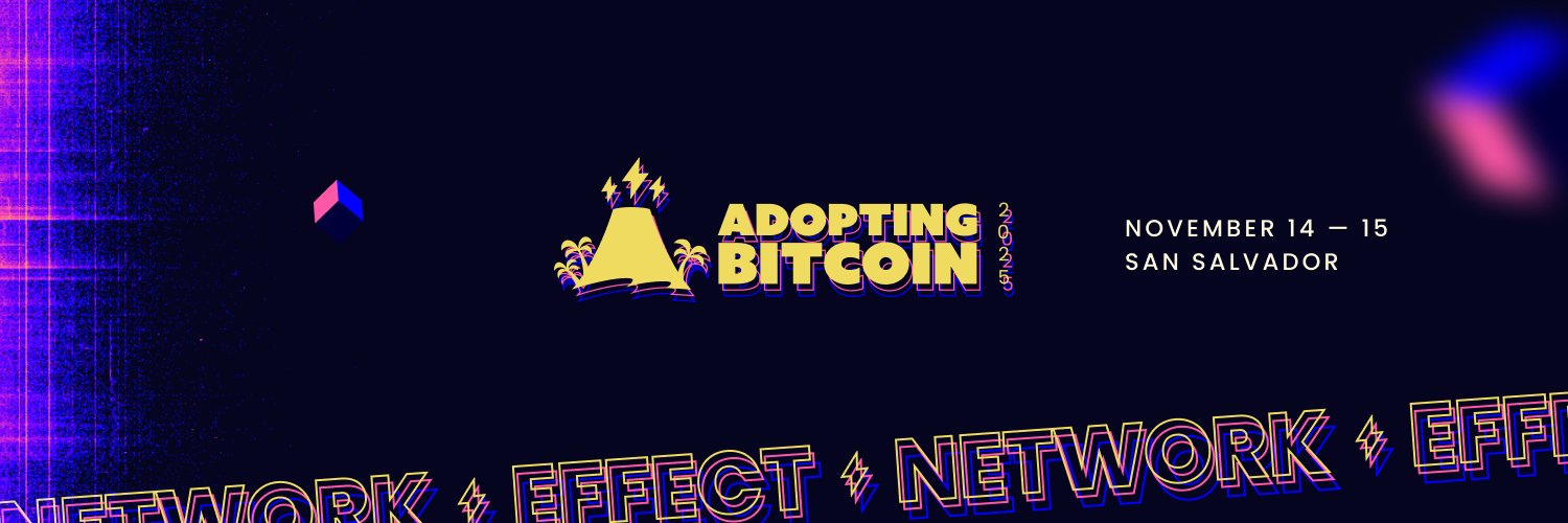 Imagen promocional de Adopting Bitcoin 2025, con un fondo oscuro y diseño futurista. Destaca el logo con un volcán y palmeras, el texto "Adopting Bitcoin" en amarillo y neón, y las fechas "14-15 de noviembre" en San Salvador, junto a palabras como "Network" y "Effect" en colores vibrantes.