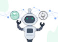 Robot parado con los brazos en alto y una moneda flotando sobre ellas.