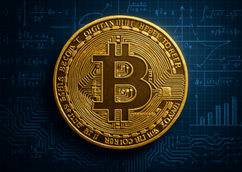 Una moneda de BTC junto a cálculos cuánticos