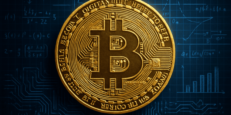 Una moneda de BTC junto a cálculos cuánticos