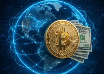 Una moneda de BTC junto a billetes de dólar y un planeta conectado por líneas azules.