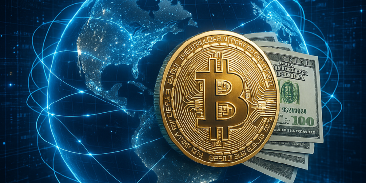 Una moneda de BTC junto a billetes de dólar y un planeta conectado por líneas azules.