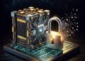 Una computadora cuántica junto a una moneda de BTC.