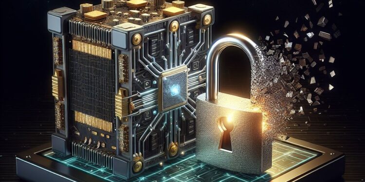 Una computadora cuántica junto a una moneda de BTC.