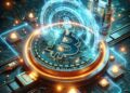 Una moneda de BTC en un entorno tecnológico.