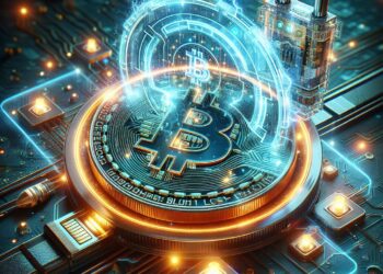Una moneda de BTC en un entorno tecnológico.