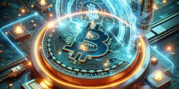 Una moneda de BTC en un entorno tecnológico.