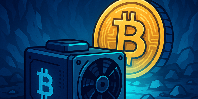 Un hardware de Bitcoin junto a monedas de BTC en una cueva minera.