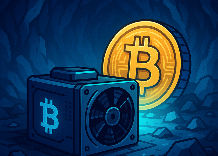 Un hardware de Bitcoin junto a monedas de BTC en una cueva minera.