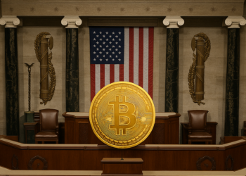 Una moneda de BTC dentro de un recinto legislativo de EE.UU.