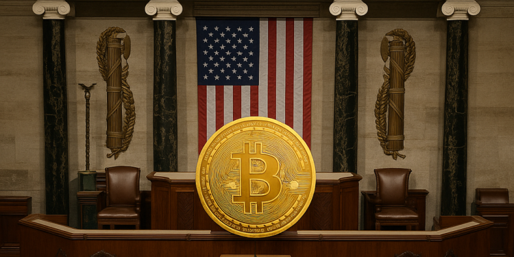 Una moneda de BTC dentro de un recinto legislativo de EE.UU.