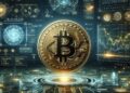 Imagen que simula una moneda de BTC siendo procesada por la red.