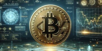 Imagen que simula una moneda de BTC siendo procesada por la red.