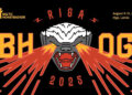 Una imagen con un fondo negro anuncia "Baltic Honeybadger" en la parte superior izquierda, con "RIGA" en una fuente estilizada sobre una gran ilustración de la cabeza de un tejón de miel. El tejón tiene ojos amarillos brillantes de los que salen rayos láser rojos y naranjas, formando las letras "BH" a su izquierda y "OG" a su derecha. Debajo de la cabeza del tejón, dice "2025". En la esquina superior derecha, el texto dice "August 9-10, 2025" y "Riga, Latvia".
