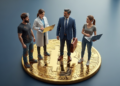 4 personas viéndose unas a otras, sobre una moneda de Bitcoin