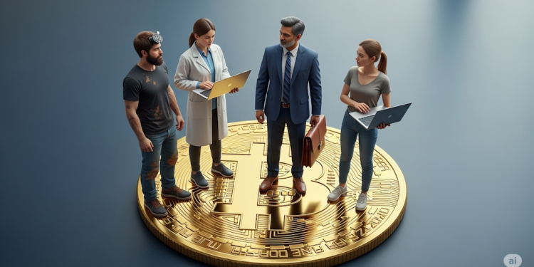 4 personas viéndose unas a otras, sobre una moneda de Bitcoin