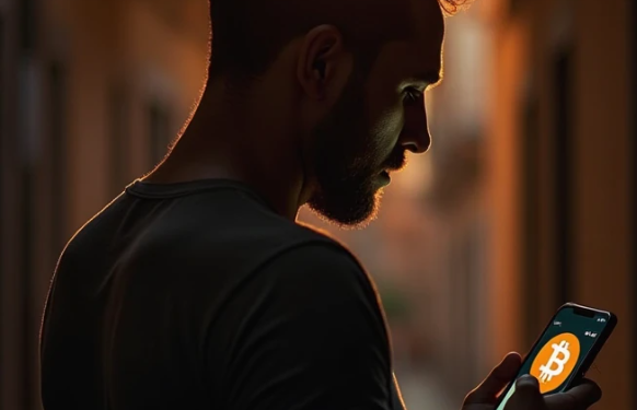 Imagen generada con IA del perfil de un hombre mirando el logo de bitcoin en su smartphone.