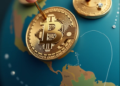 Una imagen generada con IA muestra un globo terráqueo con un pin sosteniendo una moneda de bitcoin en la región de Latinoamérica.