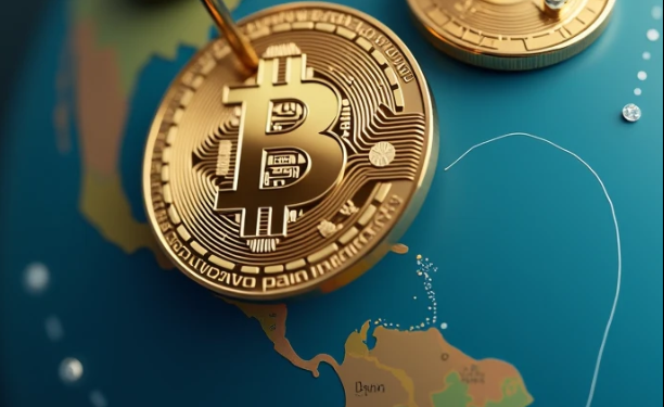 Una imagen generada con IA muestra un globo terráqueo con un pin sosteniendo una moneda de bitcoin en la región de Latinoamérica.