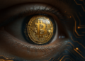 Un ojo con una moneda de BTC en el iris.