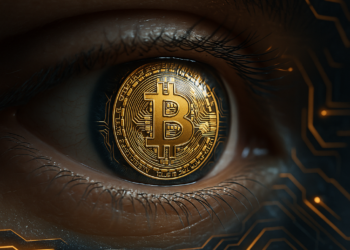 Un ojo con una moneda de BTC en el iris.