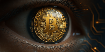 Un ojo con una moneda de BTC en el iris.