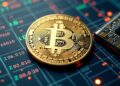 Una moneda de BTC junto a una plantilla de transacciones.