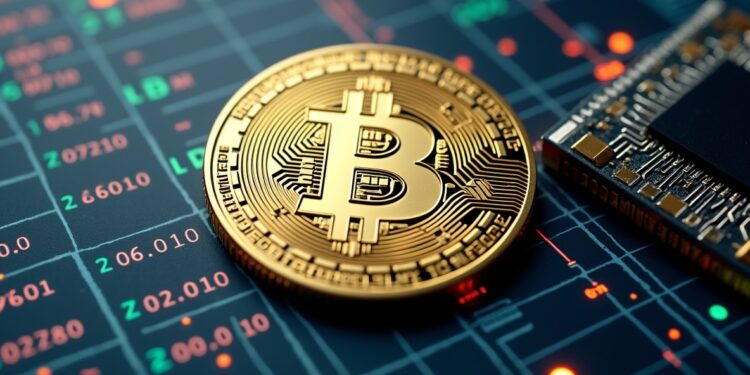 Una moneda de BTC junto a una plantilla de transacciones.