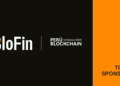 Logo BloFin con fondo negro y amarillo y logo de Perú Conference Blockchain.