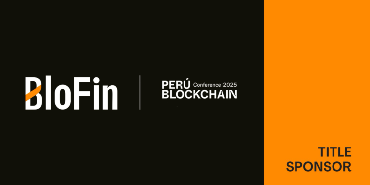 Logo BloFin con fondo negro y amarillo y logo de Perú Conference Blockchain.